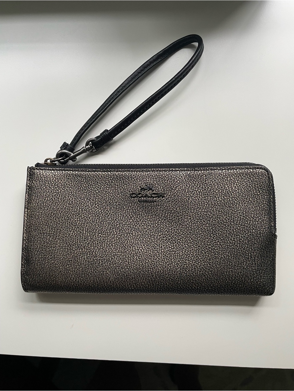 Coach Metallic Gunmetal Pebbled Leather Wristlet